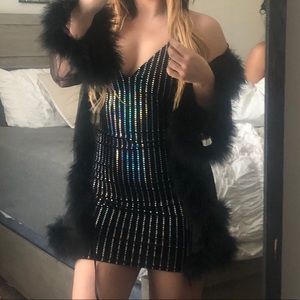 Black holographic stripe mini dress